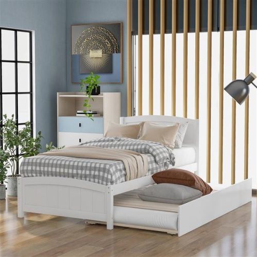 Double Platform Bed With Wheels, White Double Platform Bed With Wheels, White
