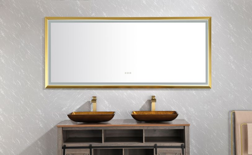 (ONLY FOR PICKUP) 88 in. W x 38 in. H Oversized Rectangular Gold Framed LED Mirror Anti-Fog Dimmable Wall Mount Bathroom Vanity Mirror HD Wall Mirror (ONLY FOR PICKUP) 88 in. W x 38 in. H Oversized Rectangular Gold Framed LED Mirror Anti-Fog Dimmable Wall Mount Bathroom Vanity Mirror HD Wall Mirror