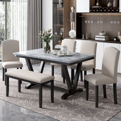 Modern Style 6-piece Dining Table with 4 Chairs & 1 Bench, Table with Marbled Veneers Tabletop and V-shaped Table Legs Modern Style 6-piece Dining Table with 4 Chairs & 1 Bench, Table with Marbled Veneers Tabletop and V-shaped Table Legs