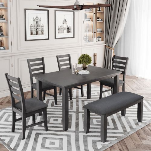 Dining Room Table and Chairs with Bench, Rustic Wood Dining Set, Set of 6 (Gray) Dining Room Table and Chairs with Bench, Rustic Wood Dining Set, Set of 6 (Gray)