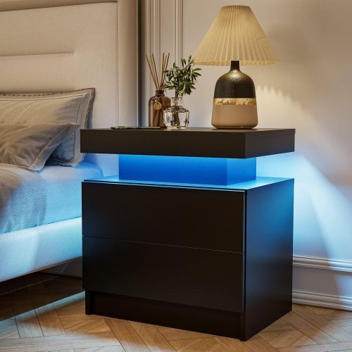 Nightstand LED Bedside Table Cabinet Lights Modern End Side with 2 Drawers for Bedroom (Black) Nightstand LED Bedside Table Cabinet Lights Modern End Side with 2 Drawers for Bedroom (Black)