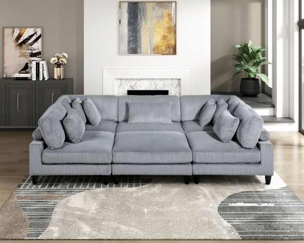 6pc Modular Sectional Set Gray Corduroy Upholstery 3x Armless Chairs 2x Corner Seats 1x Ottoman Pillows Living Room Furniture 6pc Modular Sectional Set Gray Corduroy Upholstery 3x Armless Chairs 2x Corner Seats 1x Ottoman Pillows Living Room Furniture