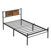 Twin Size metal bedframe, Headboard with wood panel decoration, black