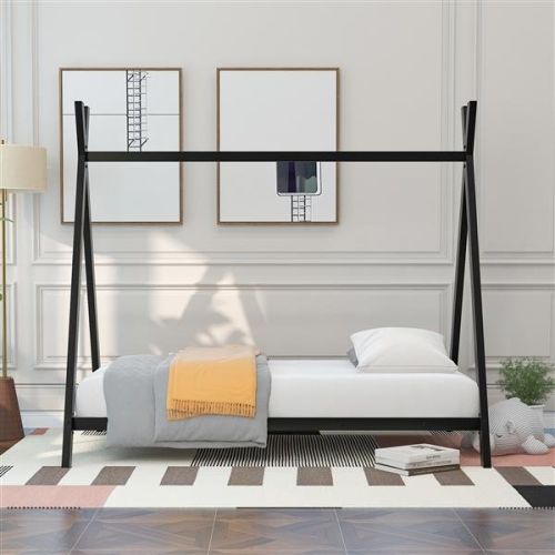 House Bed Tent Bed Frame Double Size Metal Floor Play House Bed With Slats For Kids Boys Girls No Spring Mattress Black House Bed Tent Bed Frame Double Size Metal Floor Play House Bed With Slats For Kids Boys Girls No Spring Mattress Black
