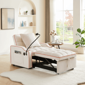 3-in-1 Sofa Bed, Convertible Sleeper Chair Sofa Bed Adjustable Pull Out Sleeper Chair Bed Multi-Pockets Folding Sofa Bed For Living Room Bedroom (Color: Beige)