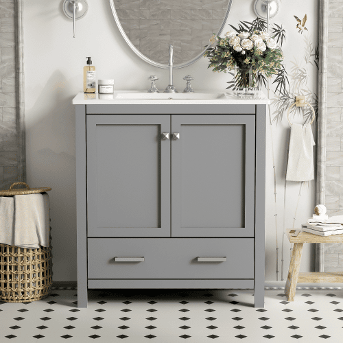 30  Gray Bathroom Vanity With Single Sink, Combo Cabinet Undermount Sink, Bathroom Storage Cabinet With 2 Doors And A Drawer, Soft Closing, Multi