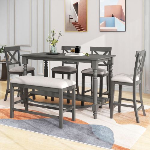 6-Piece Counter Height Dining Table Set Table with Shelf 4 Chairs and Bench for Dining Room 6-Piece Counter Height Dining Table Set Table with Shelf 4 Chairs and Bench for Dining Room