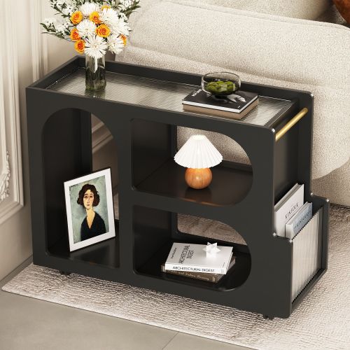 Mobile End Table with Lockable Wheels, Narrow Coffee Table with 5mm Thick Fluted Tempered Glass, Modern Nightstand with Golden Round Rod, Living Room Mobile End Table with Lockable Wheels, Narrow Coffee Table with 5mm Thick Fluted Tempered Glass, Modern Nightstand with Golden Round Rod, Living Room