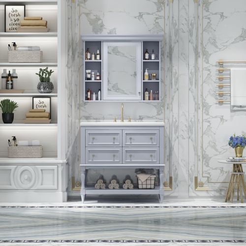 36'' Bathroom Vanity with Medicine Cabinet, Modern Mirror Cabinet with Adjustable Shelf, Bathroom Storage Cabinet with 4 Drawers 36'' Bathroom Vanity with Medicine Cabinet, Modern Mirror Cabinet with Adjustable Shelf, Bathroom Storage Cabinet with 4 Drawers