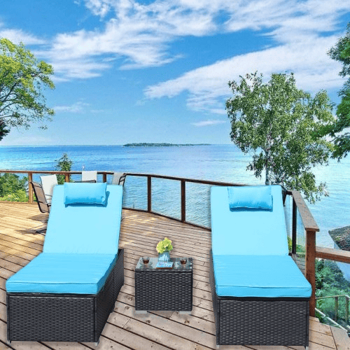 3-Piece Outdoor Patio Furniture Set Chaise Lounge, Patio Reclining Rattan Lounge Chair Chaise Couch Cushioned With Glass Coffee Table, Adjustable 3-Piece Outdoor Patio Furniture Set Chaise Lounge, Patio Reclining Rattan Lounge Chair Chaise Couch Cushioned With Glass Coffee Table, Adjustable